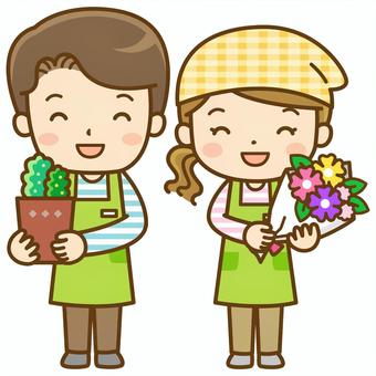 男女の花屋店員(全身図) 花屋,お花屋さん,植物,花,フラワー,フラワーショップ,植木鉢,鉢植え,園芸,生花店のイラスト素材