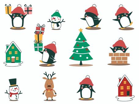 クリスマスのかわいいペンギンセット ペンギン,クリスマス,かわいい,冬,プレゼント,雪だるま,トナカイ,帽子,キャラクター,家のイラスト素材