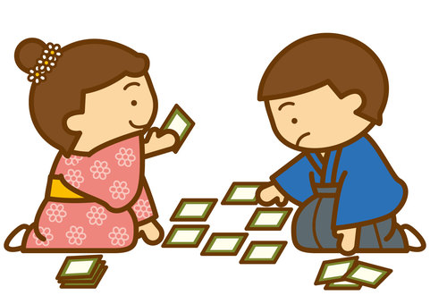 かるた-4c かるた,正月,勝負,遊び,着物,袴,男の子,女の子,笑顔,かわいいのイラスト素材