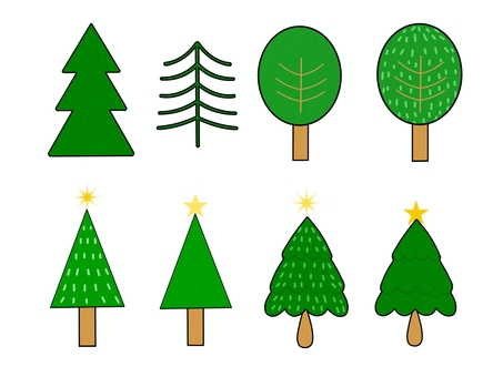 ツリーセット　線あり クリスマス,ツリー,木,森,林,自然,シンプル,白背景,素材,手書きのイラスト素材