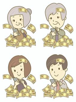 スマホでお金を儲ける人物セット スマホ,スマートフォン,お金,儲ける,稼ぐ,セット,投資,fx,スキマバイト,紙幣のイラスト素材