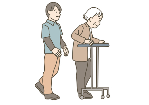 歩行器を使う高齢者と男性介護士 介護,介助,歩行,見守り,サポート,介護士,ホームヘルパー,高齢者,シニア,男性のイラスト素材