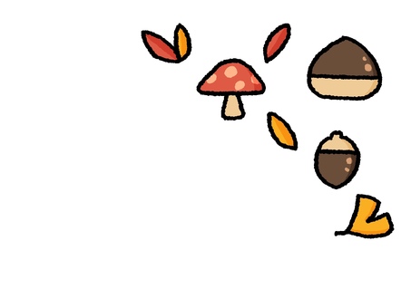 秋のモチーフのフレーム・右上 きのこ,どんぐり,栗,落ち葉,イチョウ,フレームのイラスト素材