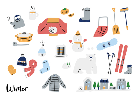 冬の手描き風素材 冬,こたつ,みかん,雪だるま,土鍋,ニット帽,マフラー,手袋,スノースクイージー,ダウンジャケットのイラスト素材