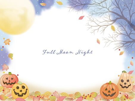 満月とカボチャの秋フレーム2 紅葉,ハロウィン,秋,かぼちゃ,満月,ジャックオーランタン,月,夜,収穫祭,木の実のイラスト素材