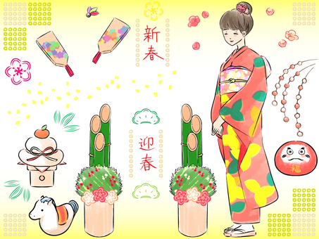 お正月アイテムセット お正月アイテムセット セット,正月,新春,迎春,人物,女性,着物,振袖,縁起物,羽子板のイラスト素材
