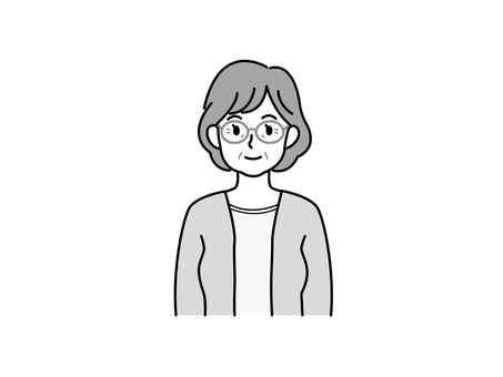 正面向きシニア女性（バストアップ・白黒） シニア,女性,バストアップ,眼鏡,おばあさん,穏やか,高齢,老人,人物,笑顔のイラスト素材