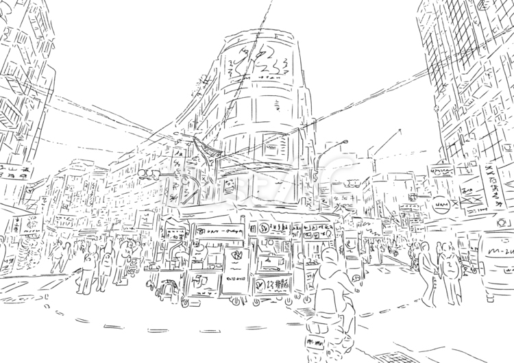 台湾の風景_11_街中の交差点に並ぶ露店 夜市,街並み,デジタルスケッチのイラスト素材