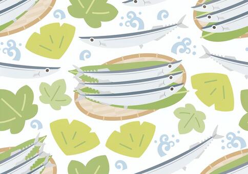かわいい秋が旬の秋刀魚-壁紙-3 秋,秋の味覚,秋が旬,秋刀魚,魚,サンマ,鮮魚,波,ザル,笹の葉のイラスト素材