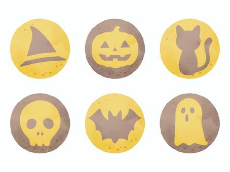 ハロウィン　模様入りクッキー水彩風 ハロウィン,クッキー,模様,かぼちゃおばけ,ジャックオランタン,コウモリ,黒猫,おばけ,髑髏,帽子のイラスト素材