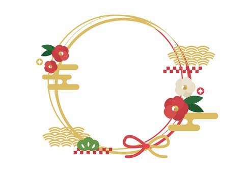 正月オーナメント 正月,新春,和風,和柄,円形,丸,オーナメント,丸枠,ワンポイント,水引のイラスト素材