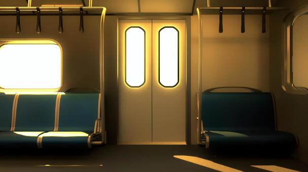 海外風の電車の夕方の入口前の車内 電車,電車内,背景,乗り物,座席,吊り革,公共機関,交通機関,通勤,通学のイラスト素材