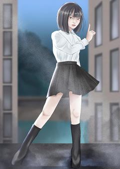 女性イラスト 女性,全身,スカート,ブーツ,建物のイラスト素材