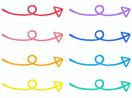 細長くるりん一筆書き矢印 手書き色違い 矢印,一筆書き,くるりん,しっぽ,くるくる,赤,ピンク,オレンジ,黄色,紫のイラスト素材