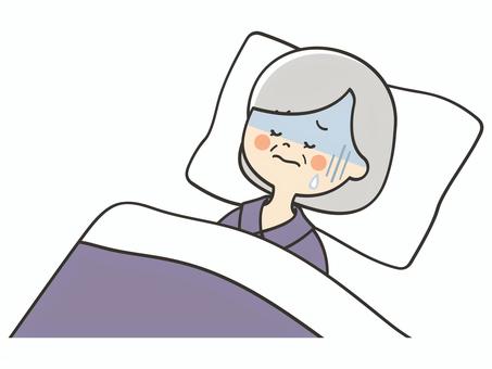 体調不良で寝込むおばあさん 風邪,熱,発熱,病気,寝込む,寝苦しい,うなされる,苦しい,しんどい,寒いのイラスト素材