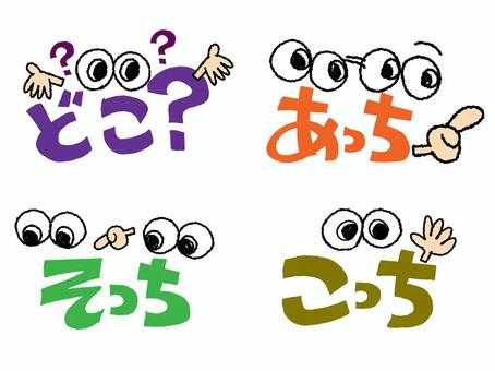 どこなど どこなど どこ,あっち,そっち,こっち,文字絵,フォント,指差し,目,セット,可愛いのイラスト素材