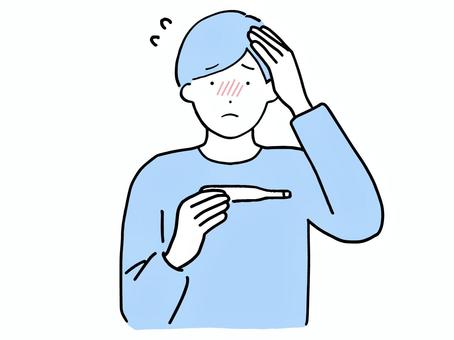 熱のある体温計を持った私服の若い男性 風邪,発熱,熱,体温計,男性,男,人物,人,体調不良,病気のイラスト素材