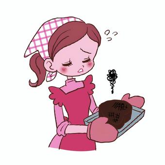 チョコレートケーキを焼く女の子　イラスト 女の子,手描き,料理,お菓子作り,調理,クッキング,ケーキ,チョコレートケーキ,焼く,焦げるのイラスト素材
