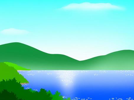 山と湖 山,湖,山並み,湖畔,自然,青空,景色,風景,俯瞰,景観のイラスト素材