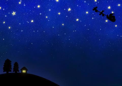 サンタが飛ぶ冬の夜空 キラキラ背景 星,夜空,サンタクロース,クリスマス,手描き,かわいい,キラキラ,木,背景,フレームのイラスト素材