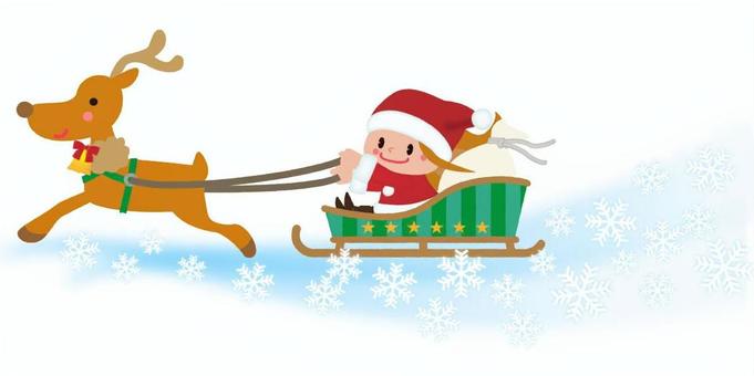 サンタとトナカイとソリ クリスマス,サンタクロース,トナカイ,そり,雪の結晶,かわいい,カラフル,雪,プレゼント,女の子のイラスト素材