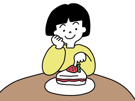苺を触る子供 苺,いちご,ケーキ,触る,つっつく,テーブル,皿,子供,女の子,人のイラスト素材