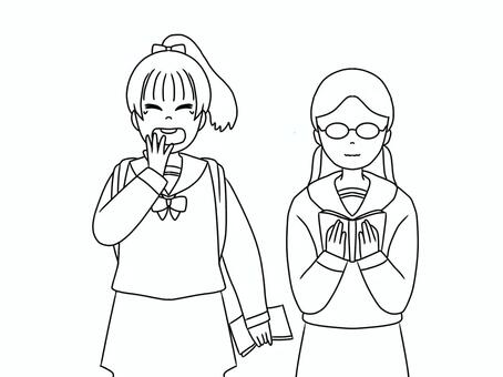 テスト前　寝不足　女子高生 女性,女子高生,二人,登校,登校中,朝,寝不足,テスト,眠い,メガネのイラスト素材