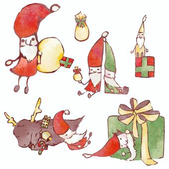 クリスマス　水彩 12月,冬,クリスマス,サンタクロース,小人,プレゼント,手書き,水彩,淡いのイラスト素材