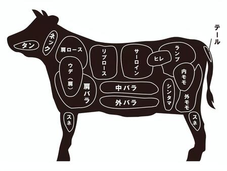 牛の部位の解説の説明図のイラスト 牛肉,部位,牛,食肉,シルエット,精肉,焼肉,ステーキ,肉料理,図解のイラスト素材