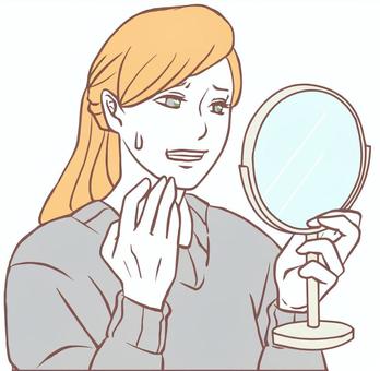 Anxious woman looking in a hand mirror (simple), hand mirror, face, to see, JPG, PNG and AI