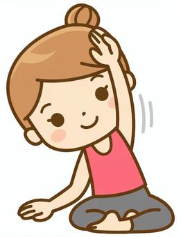 座位で体側を伸ばす女性 ストレッチ,フィットネス,エクササイズ,スポーツ,運動,準備運動,柔軟体操,柔軟,体側,座位のイラスト素材