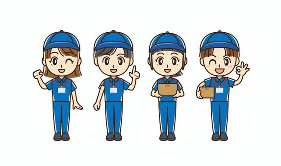宅配・軽作業スタッフ男女（青・全身） 宅配,配達,物流,軽作業,男女,男性,女性,若者,帽子,制服のイラスト素材