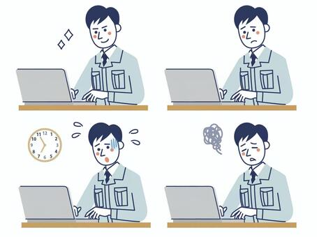 pcワークの作業服の男性 パソコン,ノートパソコン,作業服,男性,現場監督,営業,集計,残業,仕事,デスクワークのイラスト素材