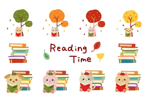 読書の秋セット 読書の秋セット 読書,秋,本,読む,動物,紅葉,木,猫,犬,うさぎのイラスト素材