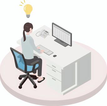 アイソメトリック_働く人④-9 アイソメトリック,オフィス,会社員,女性,閃き,アイデア,オフィスワーク,働く,仕事,アイソメのイラスト素材