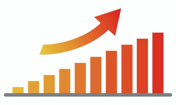 赤いグラデーションの棒グラフ 上昇中,棒グラフ,グラフ,右上がり,右肩上がり,矢印,アップ,売り上げ,業績,成績のイラスト素材