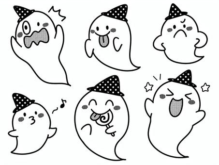 表情豊かなおばけのイラストセット/白黒 ハロウィン,トリックオアトリート,おばけ,表情,かわいい,ゆるい,子ども向け,ハロウィンキャラ,キャラクター,魔女の帽子のイラスト素材