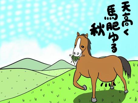 天高く馬肥ゆる秋 秋,馬,ことわざ,草原,うろこ雲のイラスト素材