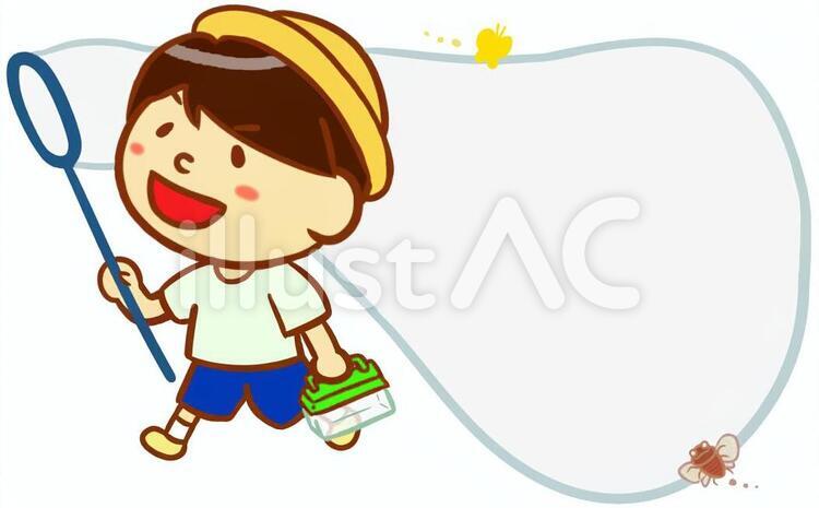 男の子と虫とりフレーム 昆虫採集,虫とり,夏休みのイラスト素材