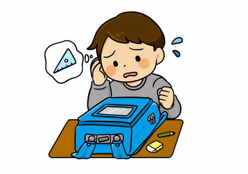 忘れ物をする小学生 忘れ物,小学校,小学生,男の子,子供,困る,焦る,ランドセル,水色,筆記用具のイラスト素材