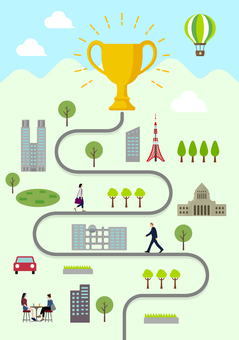 トロフィーと人々の日常風景 縦長バナー 縦長,バナー,ビジネス,トロフィー,成功,経済,人々,生活,道,街並みのイラスト素材