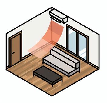 暖房の効いた部屋 アイソメトリック,室内,リビング,家具,部屋,家,一人暮らし,エアコン,ソファ,テーブルのイラスト素材
