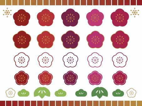和柄の梅アイコンセット 梅,花,春,正月,アイコン,セット,シンプル,葉,シルエット,和のイラスト素材
