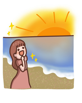 景色を見て感動する女性（夕焼け・朝焼け） 日の出,夕焼け,景色,感動,女性のイラスト素材