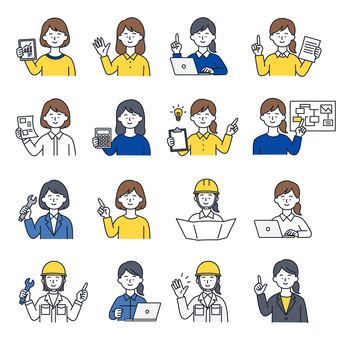 ビジネス系の女性人物アイコンセット 人物,アイコン,女性,ビジネス,セット,顔,指さし,仕事,職業,営業のイラスト素材