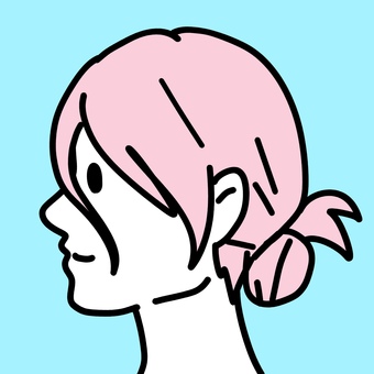 前髪が長いピンクヘア 横顔,女性,笑顔,お団子,前髪,長い,色白,にっこり,20代,10代のイラスト素材