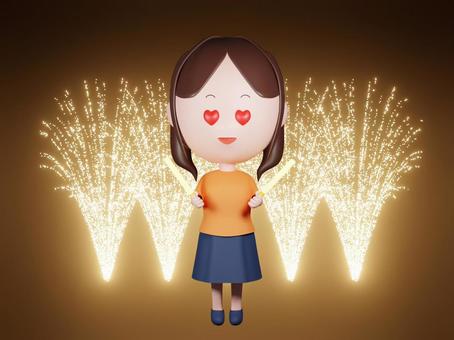 花火が上がるライブで推し活する女性 推し活,推し,女性,うっとり,主婦,笑顔,ふんわり,顔,人,全身のイラスト素材