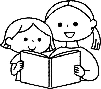 親子で読書モノクロ 人物,親子,子供,お母さん,読書,読み聞かせ,本,育児,子育て,小学校のイラスト素材
