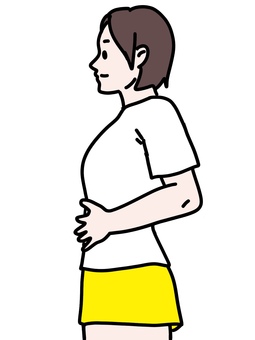 お腹に手をあてる女性 女性,横向き,側面,お腹,さする,マッサージ,押さえる,深呼吸,上半身,10代のイラスト素材