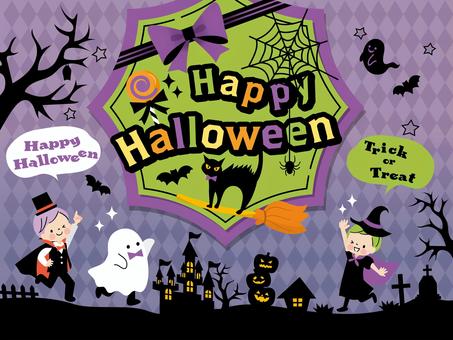 ハロウィンの衣装を着た子供たちと背景 ハロウィン,イベント,子ども,仮装,魔女,おばけ,ドラキュラ,伯爵,デザイン,背景のイラスト素材